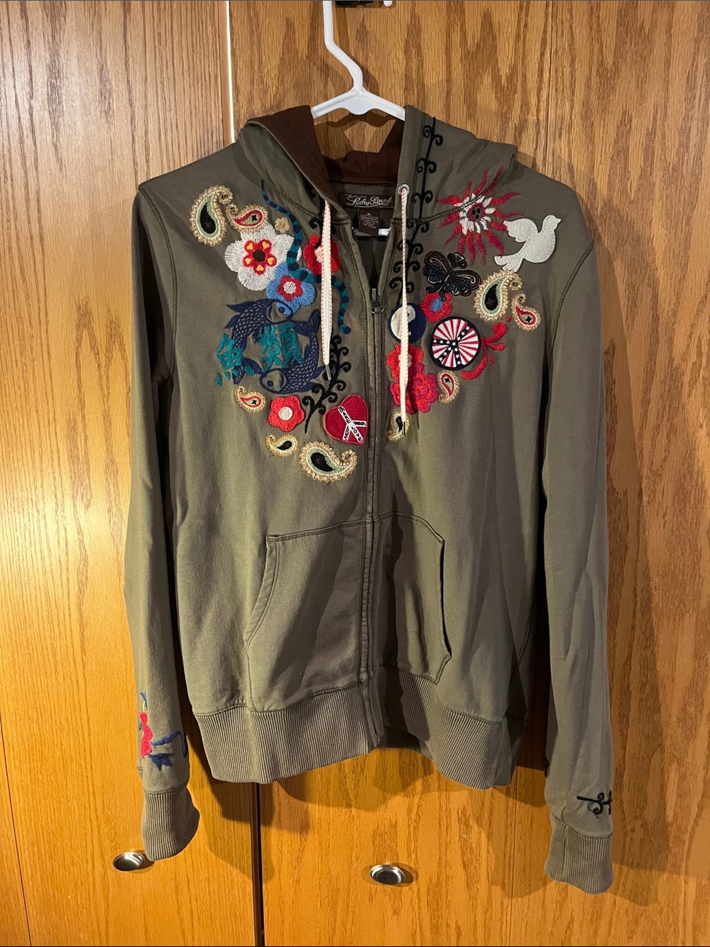 Lucky Brand Olive Utility Jacket with Multicolor Embroidery
